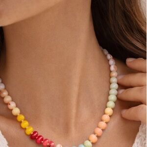 Pastel Rainbow Beaded Necklace 🌈 Mother of Pearl Heart Charm
